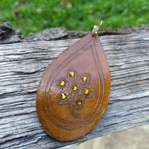 Leather Brown Flower Rhinestone Teardrop Earrings